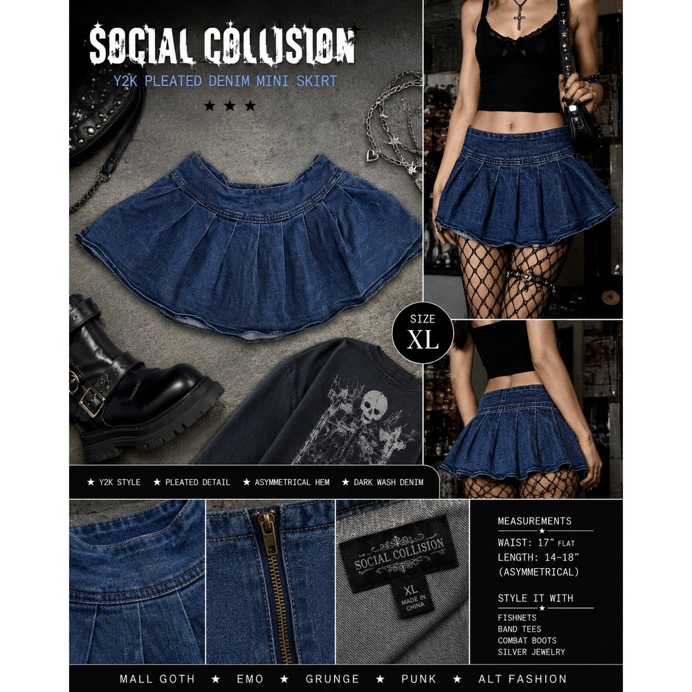 VTG Y2K Social Collision Pleated Denim Mini Skirt XL Ruffle Hot topic